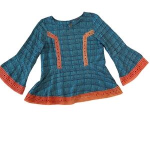 Akkriti Blue Orange Crochet Trim Boat Neck Bell‎ Sleeve Blouse Womens Large